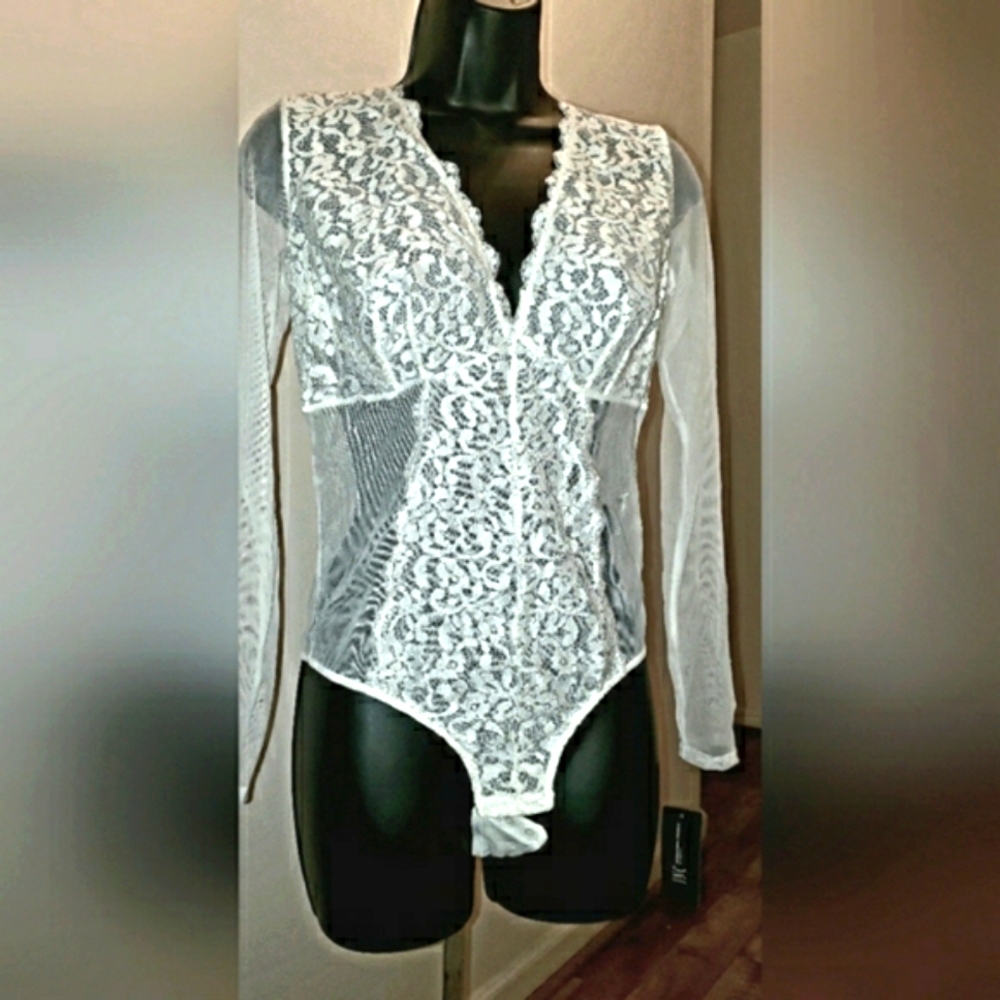 NWT Beautiful White Lace and Sheer Bodysuit.